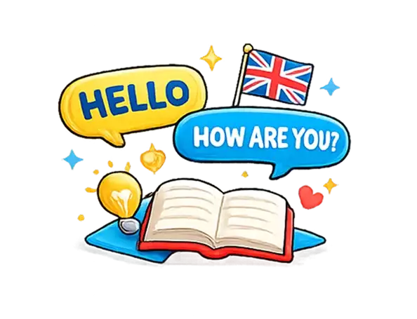 Livro aberto com balões de fala HELLO e HOW ARE YOU? e bandeira do Reino Unido