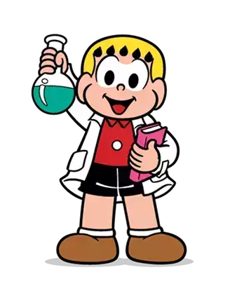 Franjinha de jaleco segurando um frasco de laboratório e livros