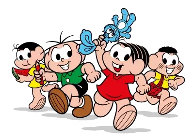 Turma da Mônica correndo animada com um passarinho azul