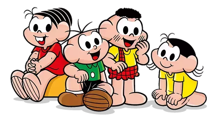 Turma da Mônica sentada lado a lado: Cebolinha, Magali, Mônica com o Sansão, Cascão e Milena